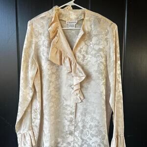 J. Simpson 100% Silk Jacquard Ruffle Blouse Women’s Large Champagne Floral